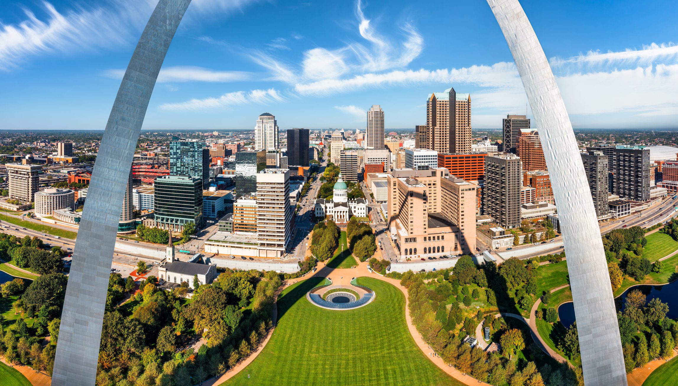 St. Louis skyline featuring the Old Courthouse with its domed roof visible among the buildings