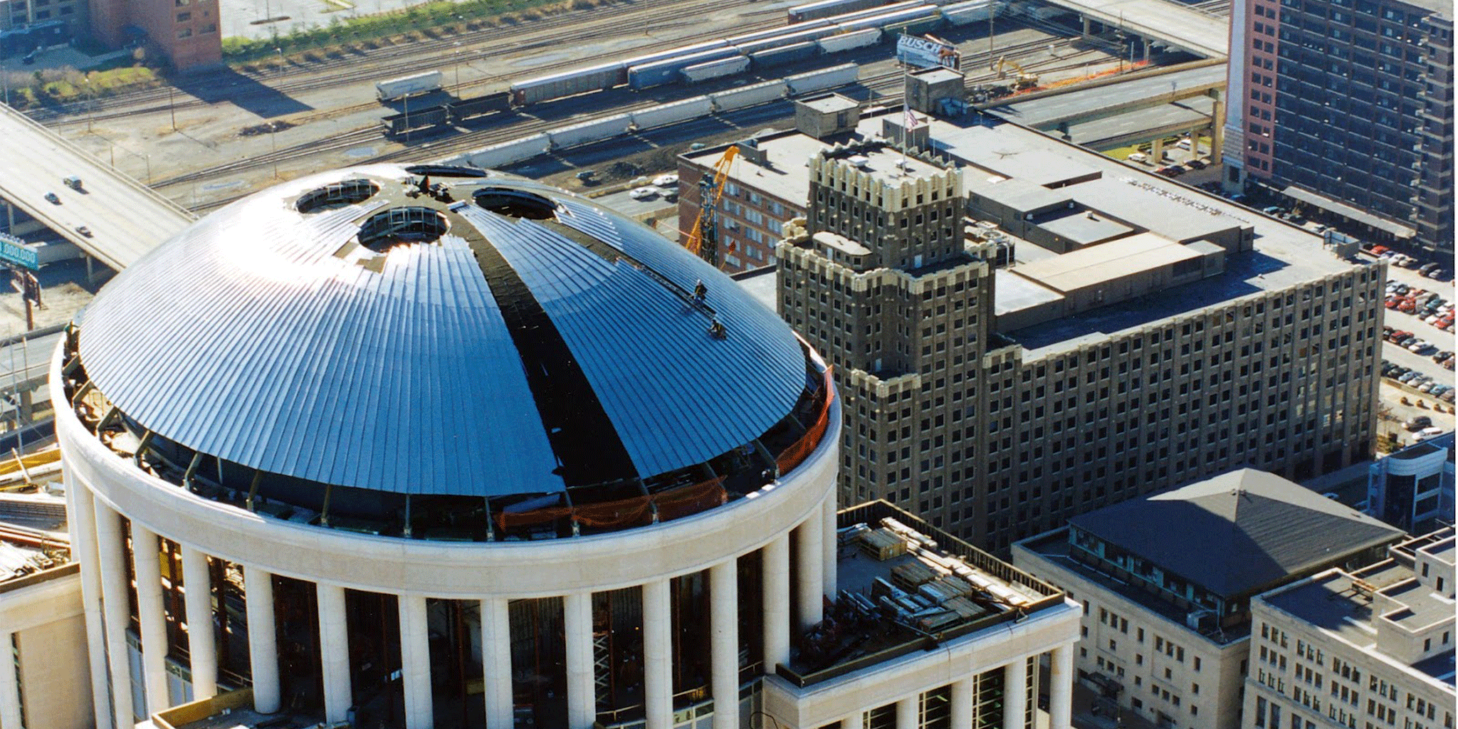 St. Louis skyline featuring the Old Courthouse with its domed roof visible among the buildings
